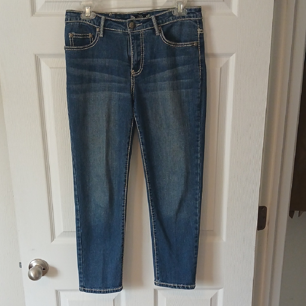TRU LUXE Classic Blue Denim Jeans. Size 28/6. Silver gem pattern.